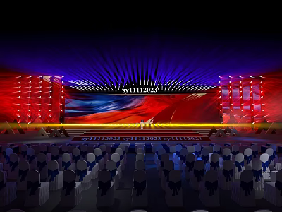 Stage Design with Red Blue Lighting Backdrop and Arranged Audience Seats Setup 3d model
