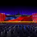 Stage Design with Red Blue Lighting Backdrop and Arranged Audience Seats Setup 3d model