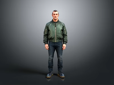 Man Standing in Green Bomber Jacket Blue Jeans and Boots on Gray Background 3d model