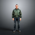 Man Standing in Green Bomber Jacket Blue Jeans and Boots on Gray Background