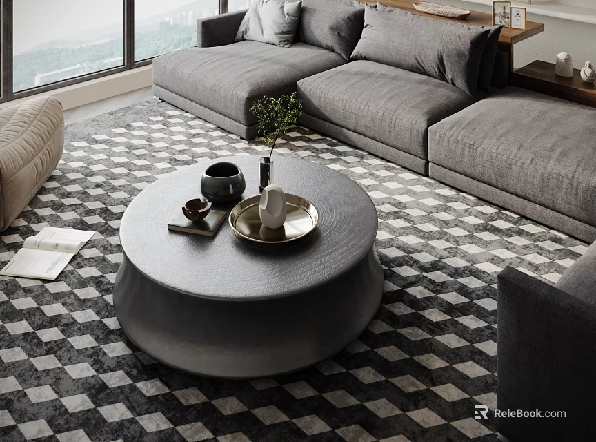 Modern Round Coffee Table In Living Room With Grey L Shaped Sofa And Checkered Rug 3d model 