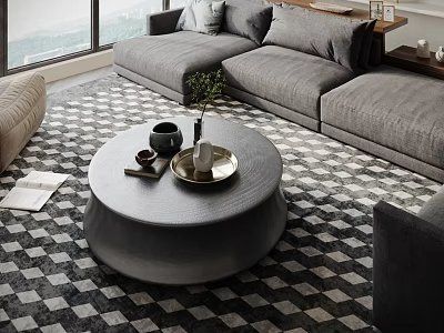Modern Round Coffee Table In Living Room With Grey L Shaped Sofa And Checkered Rug 3d model
