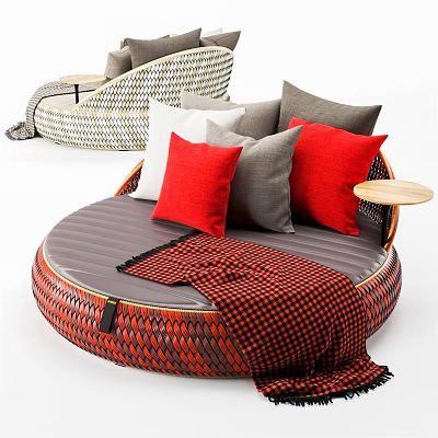 Round Single Seater Sofa With Red Black Woven Design Gray Cushion Pillows And Throw Blanket 3d model