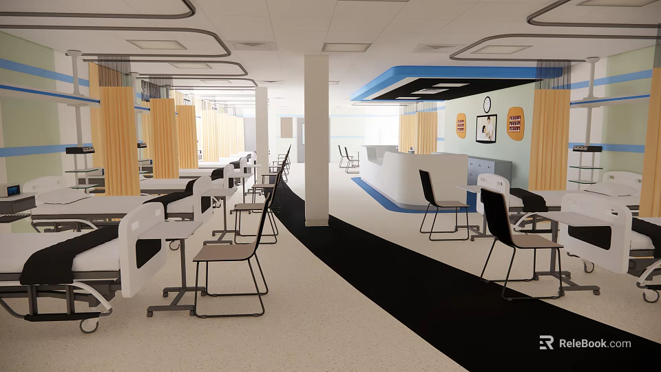 Modern Medical Waiting Area With Comfortable Chairs Reception Desk And Wall Clocks 3d model 
