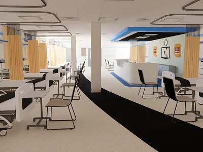 Modern Medical Waiting Area With Comfortable Chairs Reception Desk And Wall Clocks 3d model