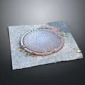 Patterned Manhole Cover on Gray Pavement with Fallen Leaves and Weeds