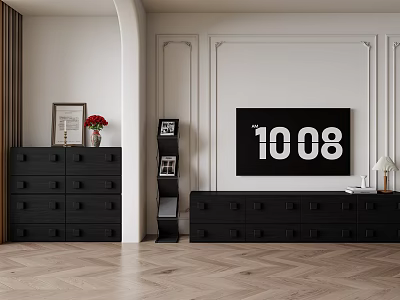 Black TV Cabinet with TV Vase Red Flowers Picture Frame Shelf and Herringbone Wooden Floor 3d model