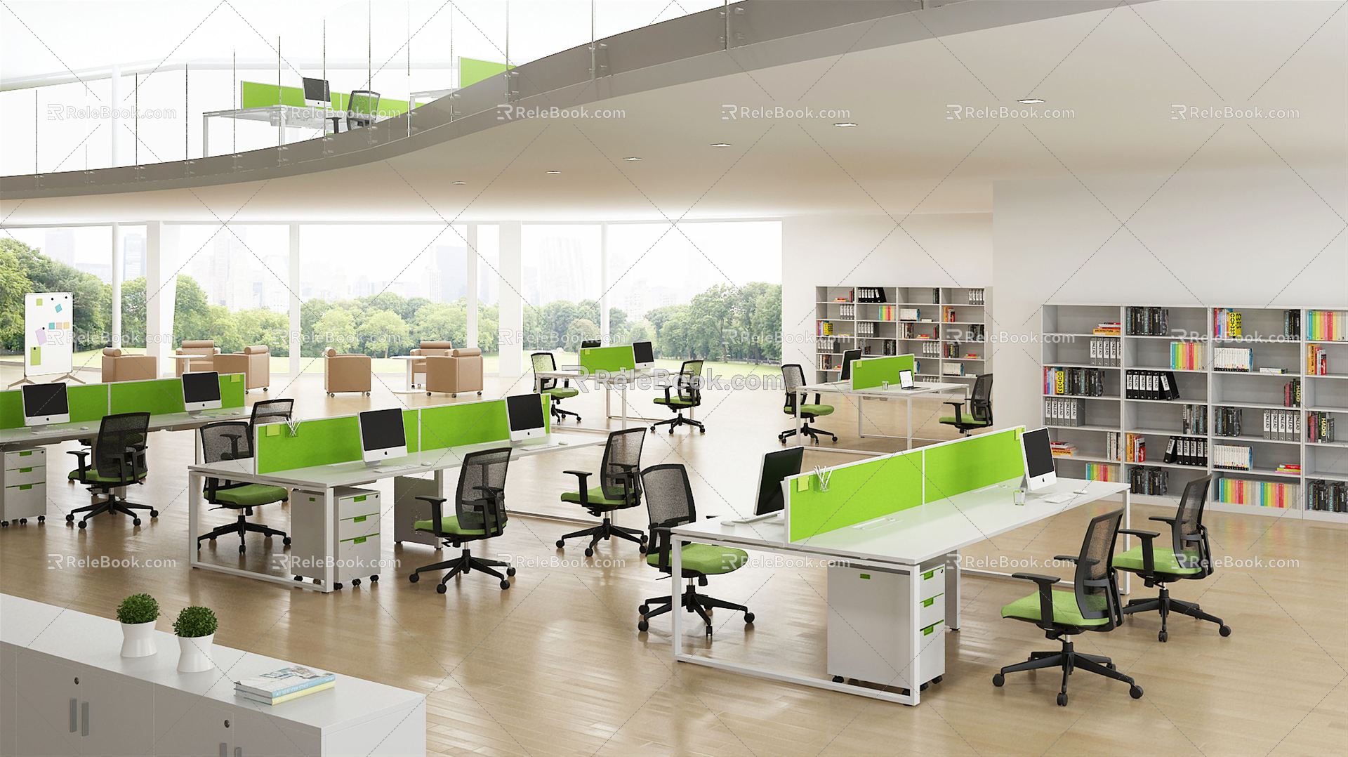 modern public office area open office area office bookcase office desk and chair 3d model