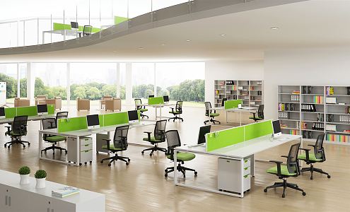 modern public office area open office area office bookcase office desk and chair 3d model