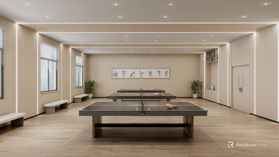 Indoor Sports Fitness Space With Ping Pong Tables Wooden Walls Windows Benches And Potted Plants 3d model 