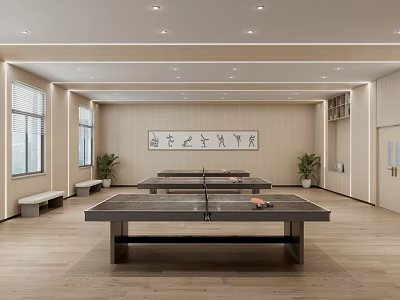 Indoor Sports Fitness Space With Ping Pong Tables Wooden Walls Windows Benches And Potted Plants 3d model