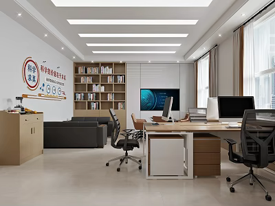 Bright Modern Office Interior With Work Desks Computers Bookshelves Sofa And Wall Decor 3d model