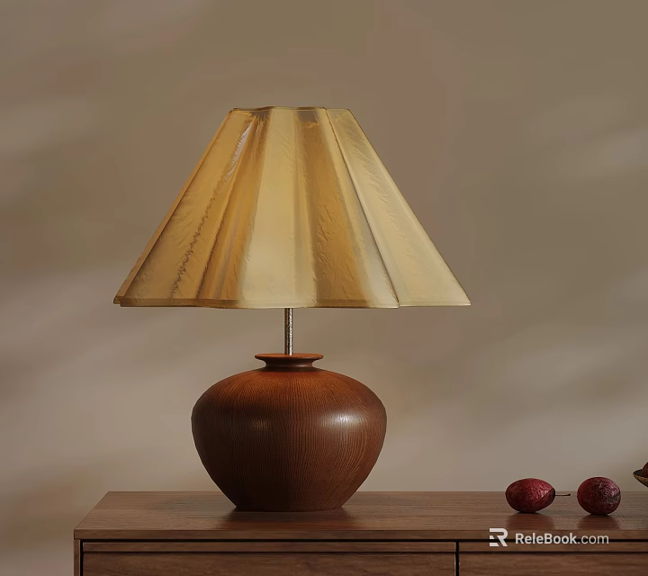 Brown Wooden Table Lamp With Beige Pleated Shade On Wooden Desk And Red Decor 3d model 