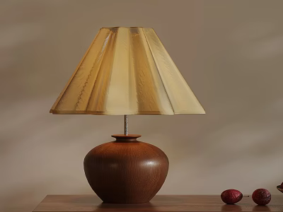 Brown Wooden Table Lamp With Beige Pleated Shade On Wooden Desk And Red Decor 3d model