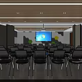 Modern Meeting Room Interior With Wooden Ceiling Recessed Lighting Large Screen And Geometric Wall Decor