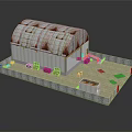 Cartoon Scene With Striped Roof Building Crates Stones And Small Pool
