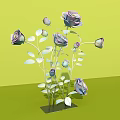 Decorative Floral Display With Purple Roses Green Stems And Leaves On Green Background