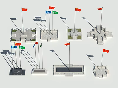 Multiple National Flags Display With Various Flagpole Bases And Platform Designs 3d model