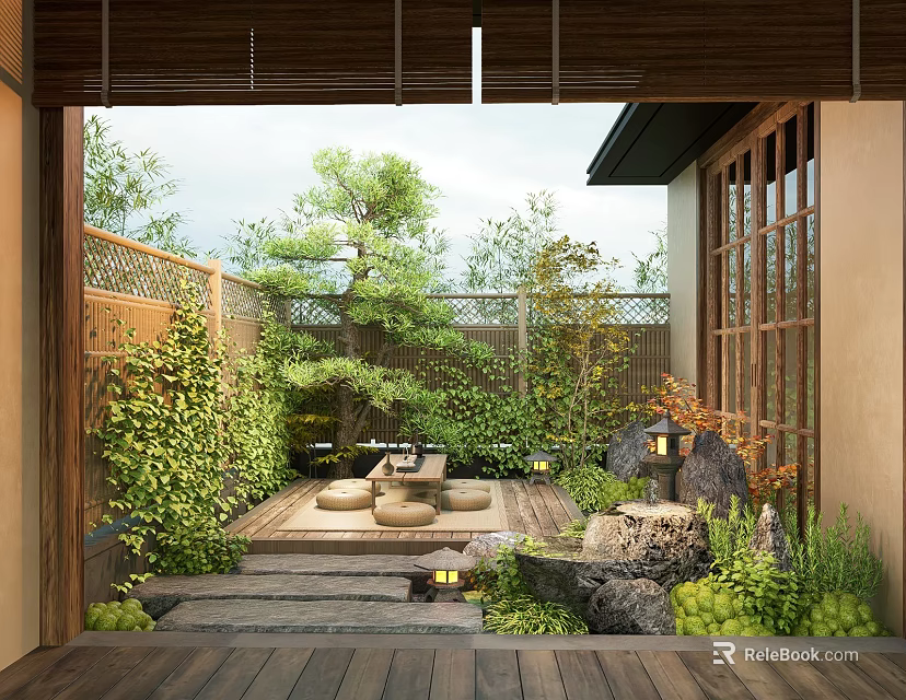 Tranquil Japanese Courtyard Garden With Bamboo Screens Wooden Deck Stone Path Green Plants And Lanterns 3d model 