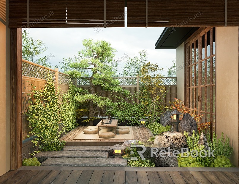 Japanese Zen Courtyard Landscape Modeling Pine Landscape Stone Ting Step Waterscape Fence Flowers and Plants model