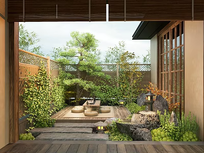 Tranquil Japanese Courtyard Garden With Bamboo Screens Wooden Deck Stone Path Green Plants And Lanterns 3d model