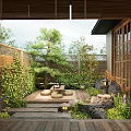 Tranquil Japanese Courtyard Garden With Bamboo Screens Wooden Deck Stone Path Green Plants And Lanterns