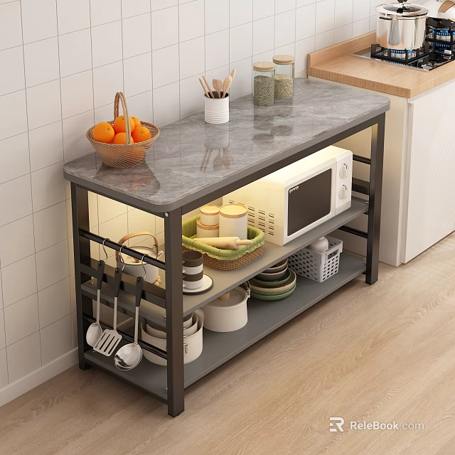 Kitchen Storage Shelf with Gray Marble Countertop Fresh Fruits Spices Microwave Dishes and Baskets 3d model 