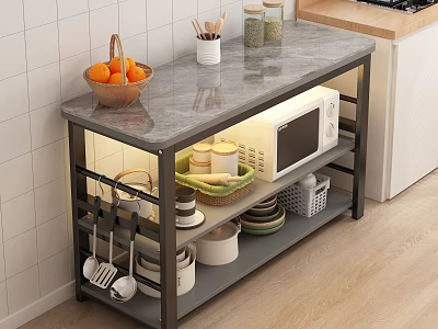 Kitchen Storage Shelf with Gray Marble Countertop Fresh Fruits Spices Microwave Dishes and Baskets 3d model