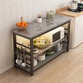 Kitchen Storage Shelf with Gray Marble Countertop Fresh Fruits Spices Microwave Dishes and Baskets