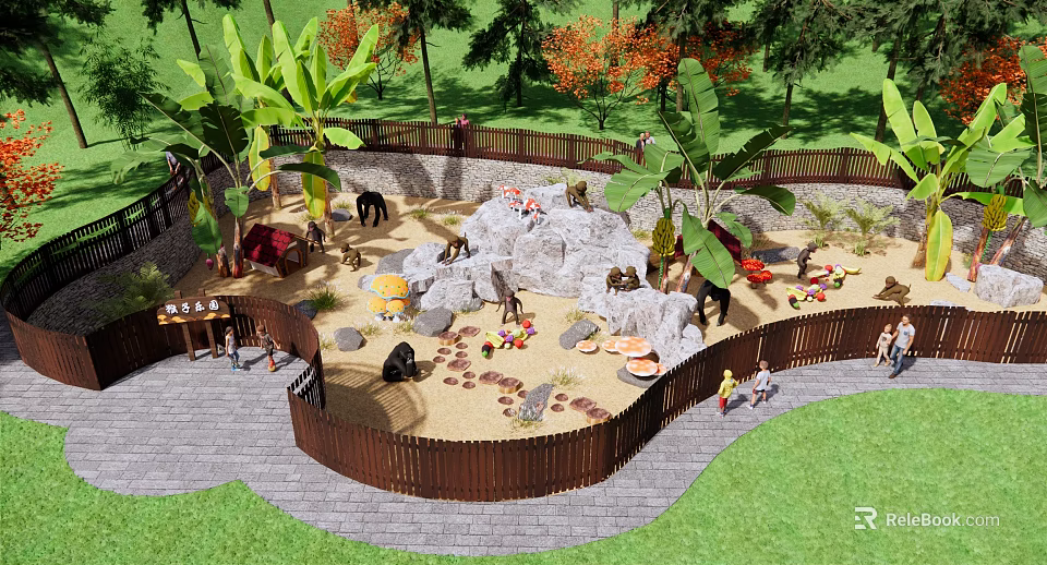Park Landscape With Fenced Play Area Sandpit Rock Formation Palm And Banana Trees 3d model 