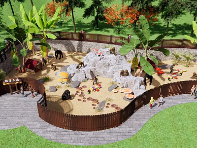 Park Landscape With Fenced Play Area Sandpit Rock Formation Palm And Banana Trees 3d model