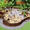 Park Landscape With Fenced Play Area Sandpit Rock Formation Palm And Banana Trees