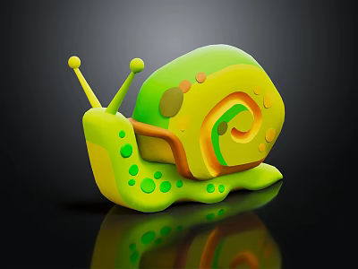 Cartoon Snail Character 3D Model With Green Yellow Spiral Shell And Vibrant Reflection 3d model
