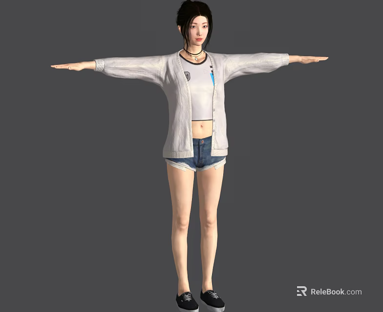 Woman in Casual White Cardigan and Blue Shorts Standing with Arms Outstretched 3d model 