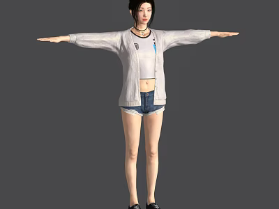 Woman in Casual White Cardigan and Blue Shorts Standing with Arms Outstretched 3d model