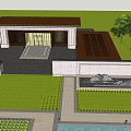 Modern Sales Office Building With Gray Roof Large Windows Rockery And Green Trees