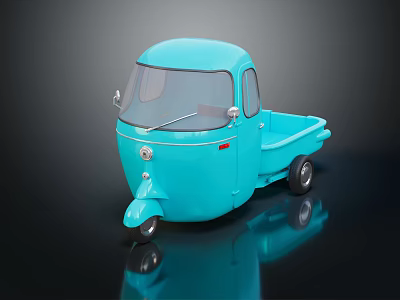Light Blue Vintage Three Wheeler Truck With Open Cargo Bed And Single Front Wheel 3d model