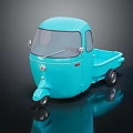 Light Blue Vintage Three Wheeler Truck With Open Cargo Bed And Single Front Wheel