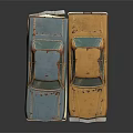 Vintage Rusted Model Cars Stacked With Three Different Colors Blue White Brown