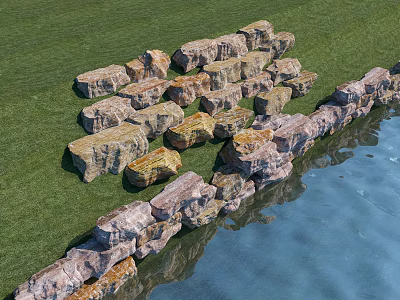 Stacked Natural Stones And Wooden Elements Create Garden Landscape With Water Feature And Grass 3d model