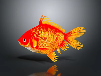 Red and Orange Goldfish with Yellow Fins and Tail on Gray Background and Clear Reflection 3d model