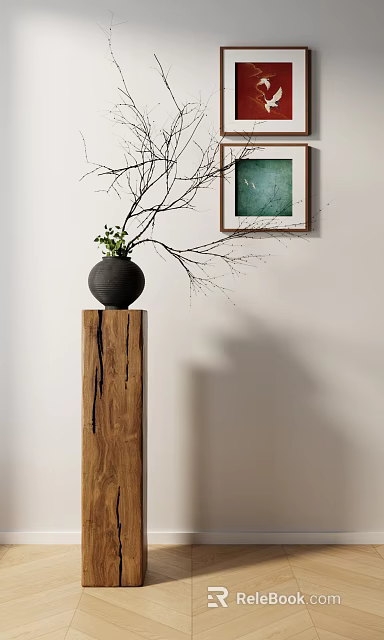 Minimalist Interior Decor With Wooden Pedestal Black Vase Green Plants Bare Branches And Framed Painting 3d model 