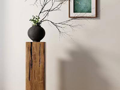 Minimalist Interior Decor With Wooden Pedestal Black Vase Green Plants Bare Branches And Framed Painting 3d model