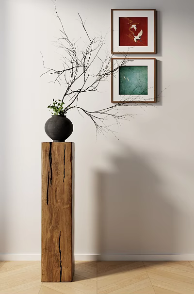 Minimalist Interior Decor With Wooden Pedestal Black Vase Green Plants Bare Branches And Framed Painting 3d model