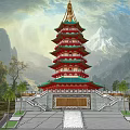 Traditional Ancient Chinese Pagoda With Green Roof Red Body And Mountain Lake View