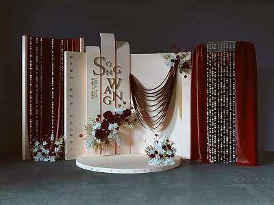 Wedding Decoration Setup With SANG WAN Lettering Red Beige Backdrops Floral Arrangements And Circular Platform 3d model