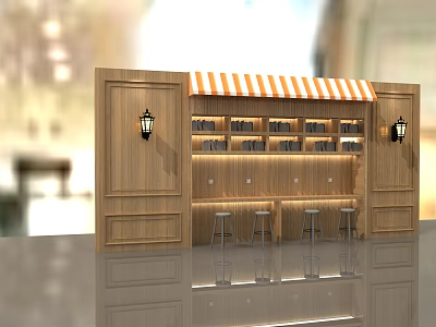 Wooden Bar Counter With Orange White Striped Awning Shelves Wall Lamps And Bar Stools 3d model