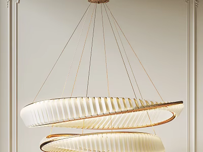 Modern Double Ring Ceiling Pendant Light With Gold Frame And White Striped Shade 3d model