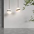 Two Spherical White Pendant Lights With Gold Accents Against White Wall And Green Leaves