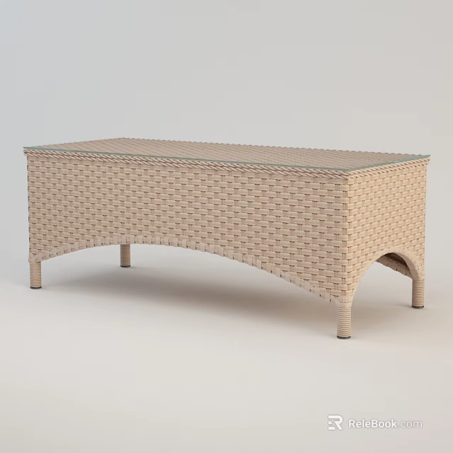 Woven Rattan Coffee Table With Glass Top Natural Beige Finish And Curved Legs Design 3d model 